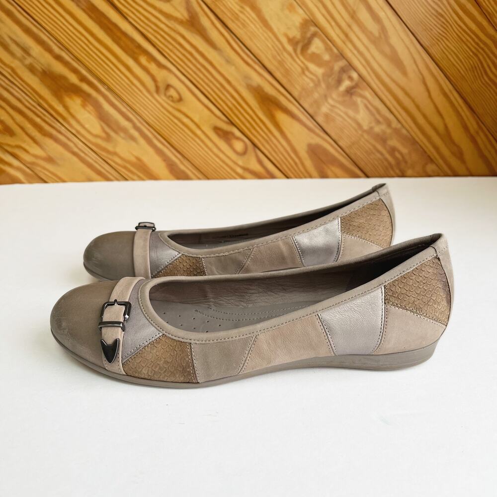 Ecco Buckle Ballet Flats Metallic Snakeskin Embossed Leather